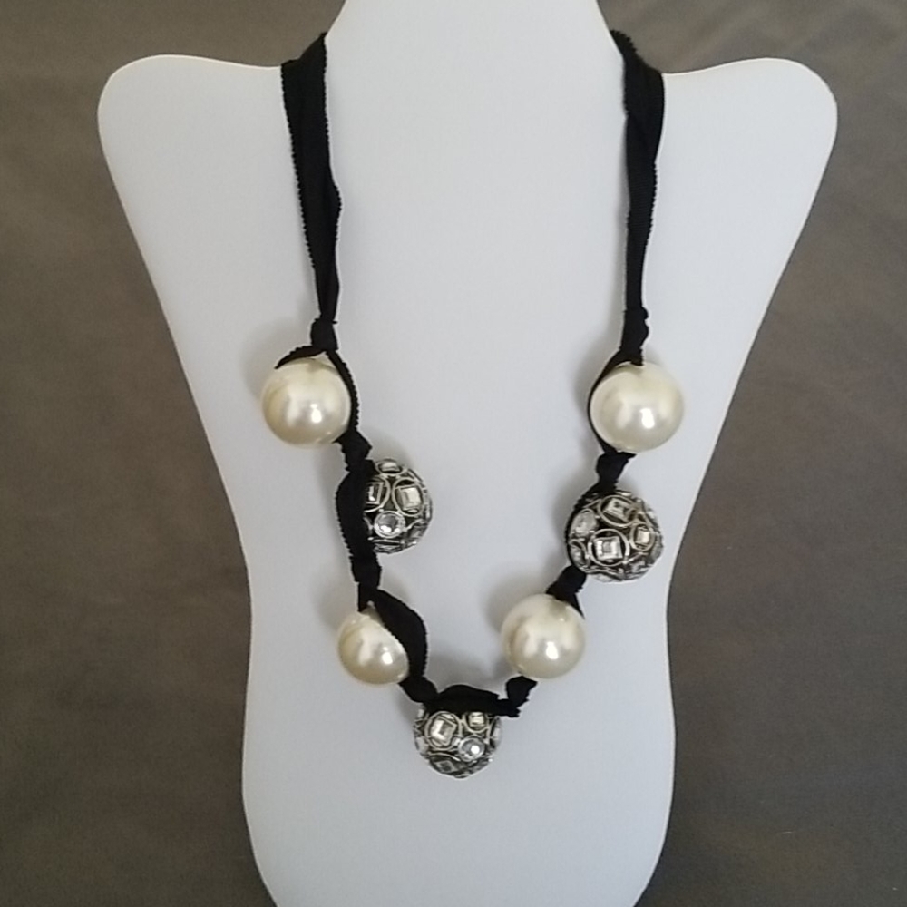 Giant Oversized Faux Pearl Ribbon Necklace